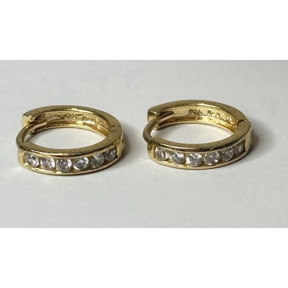 925 Sterling Gold Vermeil CZ Channel Set Huggie Hoop Earrings Hinged